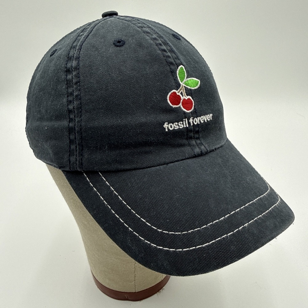 Fossil Forever Baseball Cap Hat Black Vintage Y2K Distressed Cherry Embroidered